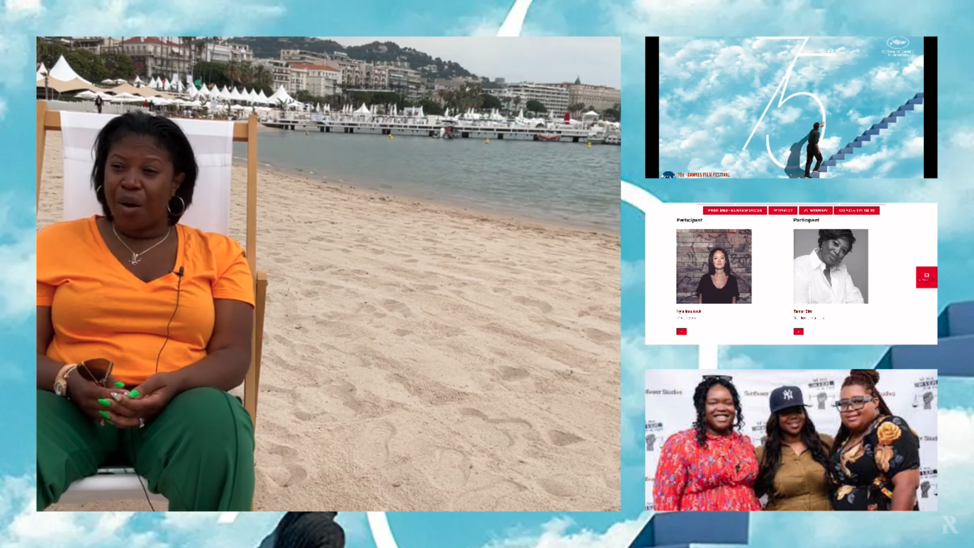 Tamar Bird at Cannes Beach while being interview by Antonio Pelaez